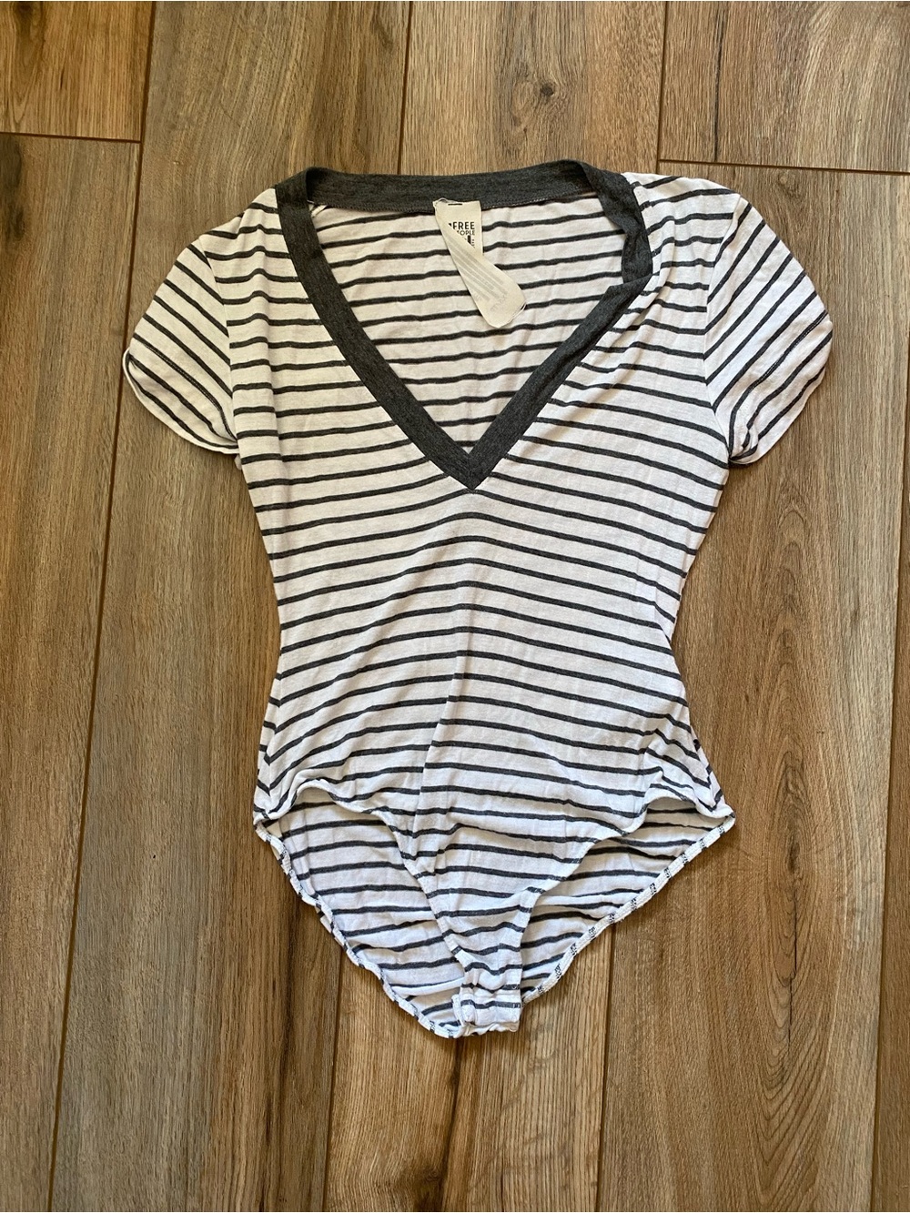 Free People White and Black Striped V-Neck Bodysuit